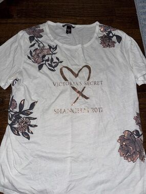 Victoria's Secret White Tee with Rose Gold & Black Floral Accents